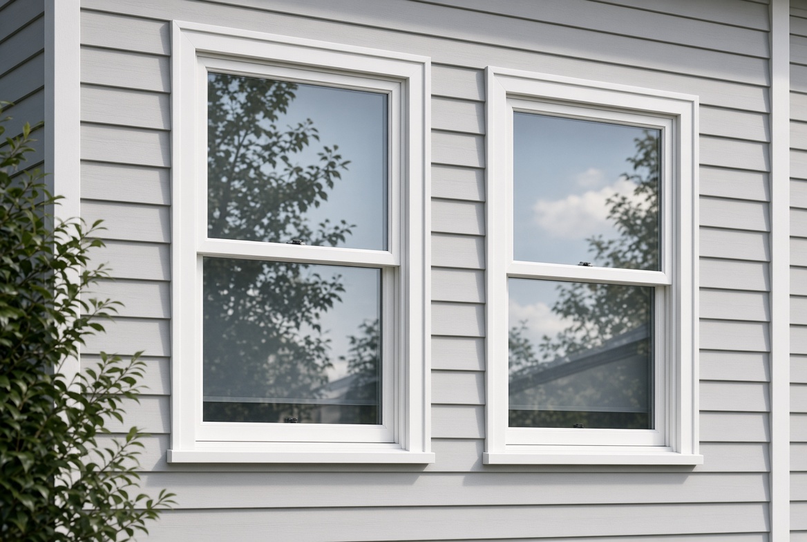 Two white double-hung windows on light gray siding