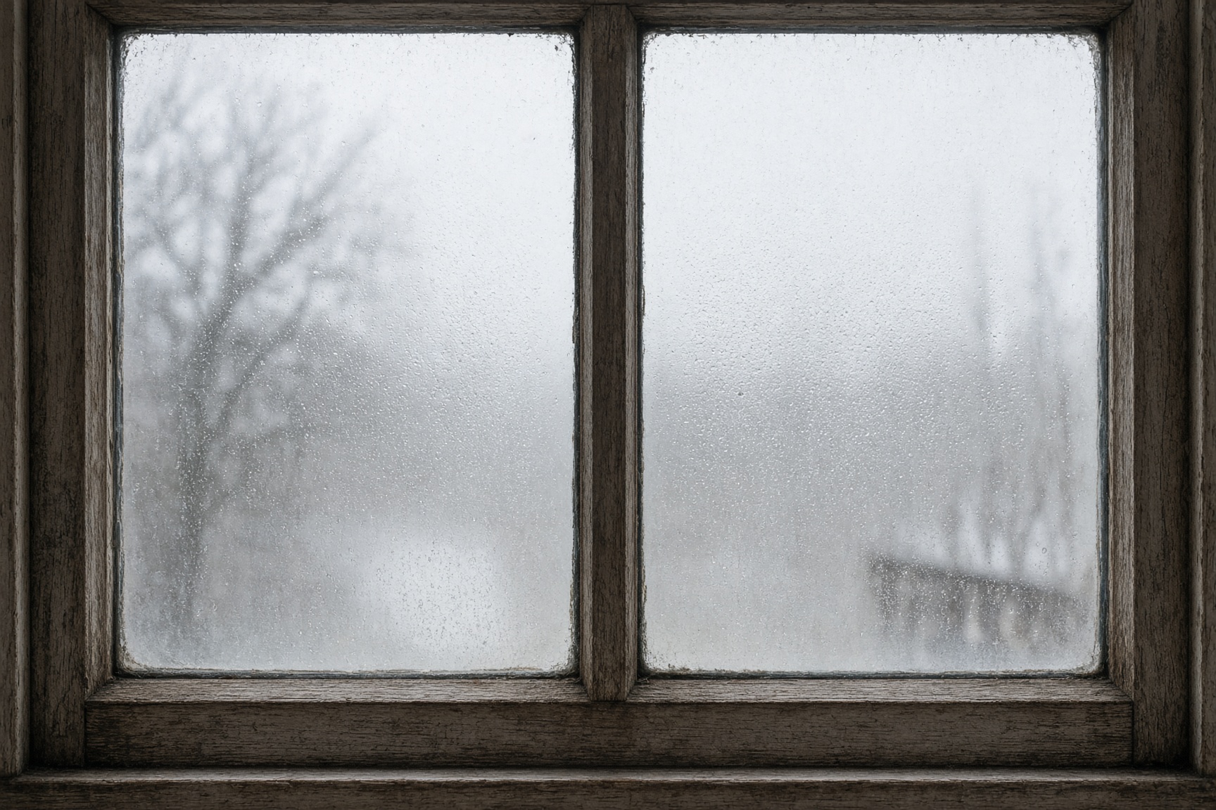 Older wood window sash with condensation on the glass